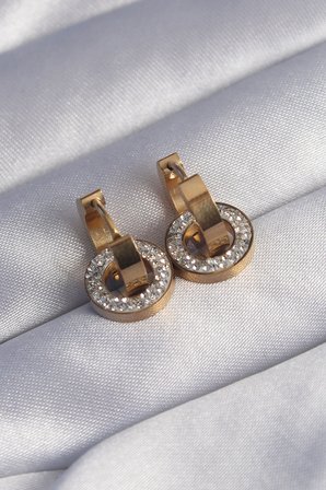 316L Çelik Gold Renk Zirkon Taşlı İç İçe Geçmeli Oval Küpe 5886