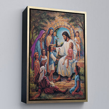 Altın Çerçeveli İsa Mesih ve Çocuklar Dekortif Duvar Tablosu