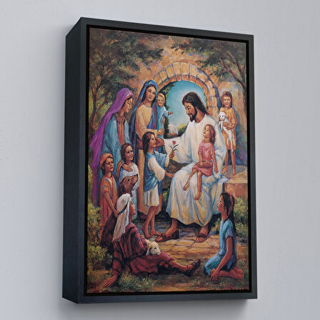 Altın Çerçeveli İsa Mesih ve Çocuklar Dekortif Duvar Tablosu