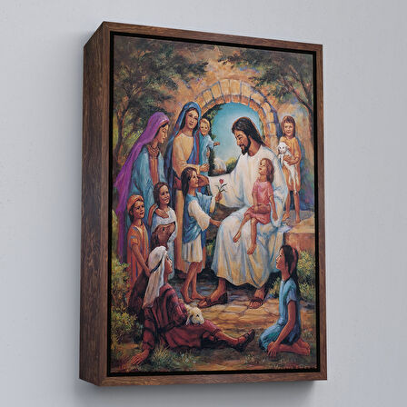 Altın Çerçeveli İsa Mesih ve Çocuklar Dekortif Duvar Tablosu