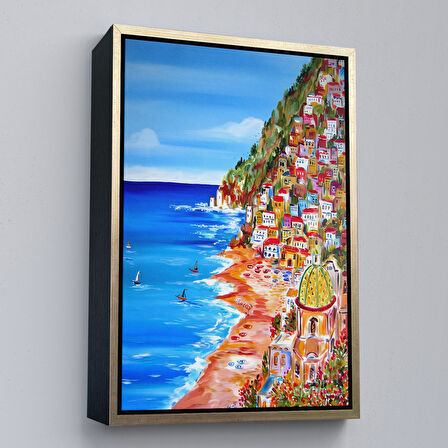 Kahverengi Çerçeveli İtalya La Bella Positano Amalfi Sahili Duvar Tablosu