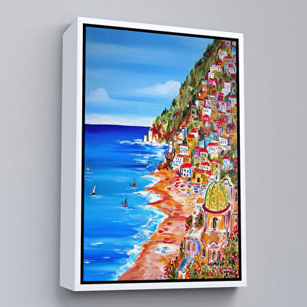 Kahverengi Çerçeveli İtalya La Bella Positano Amalfi Sahili Duvar Tablosu