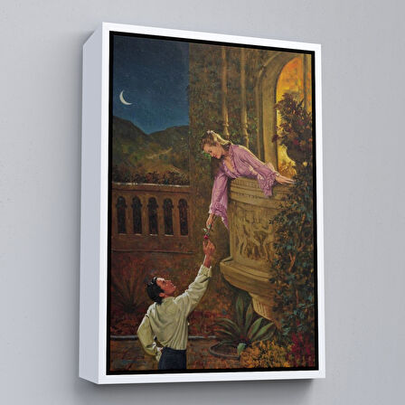 Beyaz Çerçeveli Sevgilisine Çiçek Veren Kadın Duvar Tablosu