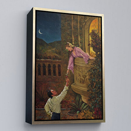 Beyaz Çerçeveli Sevgilisine Çiçek Veren Kadın Duvar Tablosu