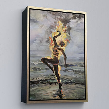 Kahverengi Çerçeveli Yanarken Dans Eden Kadın Duvar Tablosu