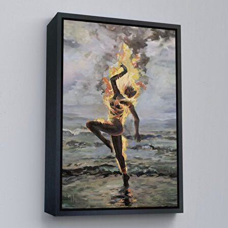 Kahverengi Çerçeveli Yanarken Dans Eden Kadın Duvar Tablosu