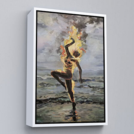 Kahverengi Çerçeveli Yanarken Dans Eden Kadın Duvar Tablosu