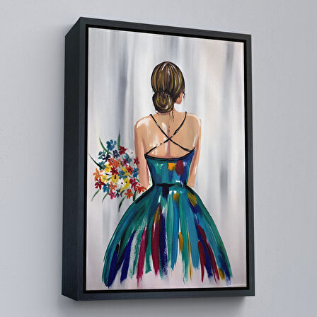 Altın Çerçeveli Renkli Çiçekli Kadın Dekoratif Duvar Tablosu
