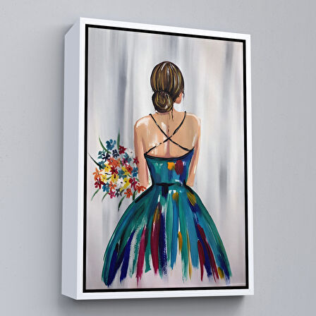 Altın Çerçeveli Renkli Çiçekli Kadın Dekoratif Duvar Tablosu