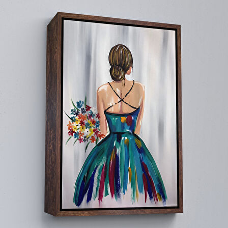 Altın Çerçeveli Renkli Çiçekli Kadın Dekoratif Duvar Tablosu