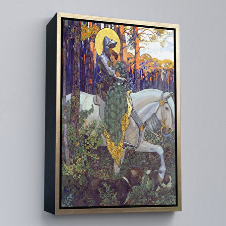 Altın Çerçeveli Beyaz At Üzerindeki Prenses ve Prens Tablosu