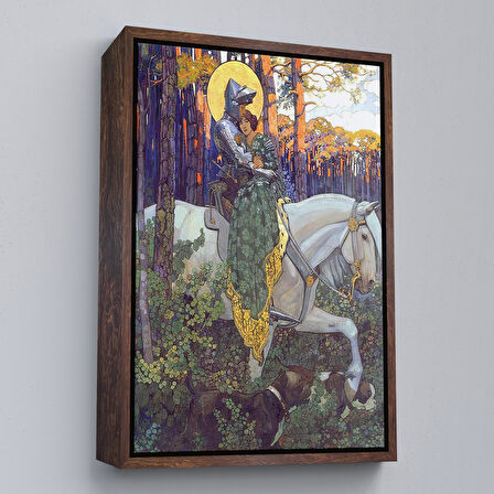 Altın Çerçeveli Beyaz At Üzerindeki Prenses ve Prens Tablosu