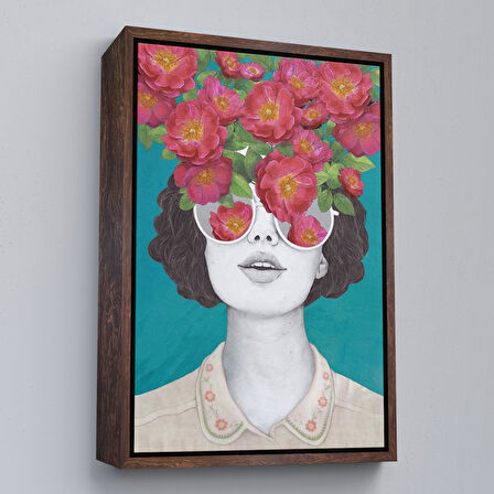 Beyaz Çerçeveli Çiçekler Saçan Optimist Kadın Tablosu