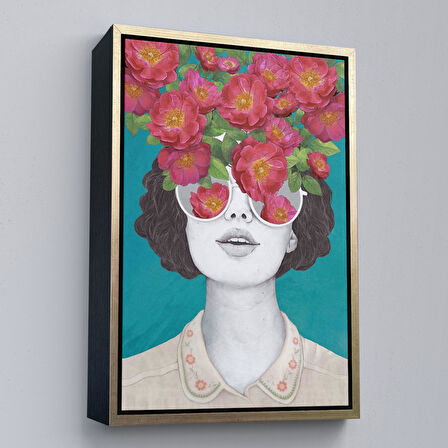 Beyaz Çerçeveli Çiçekler Saçan Optimist Kadın Tablosu