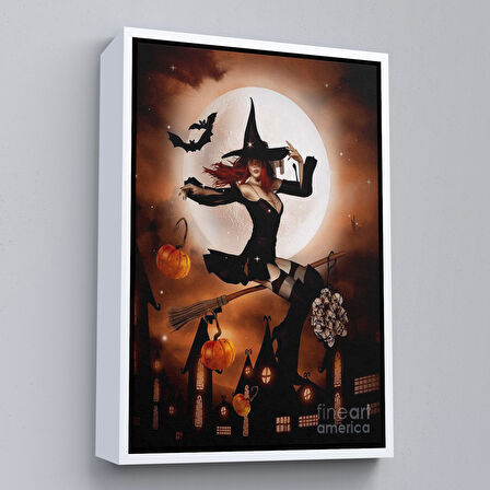 Kahverengi Çerçeveli Süpürge ile Uçan Cadı, Cadılar Bayramı Hediyesi, Hellowen Tablo