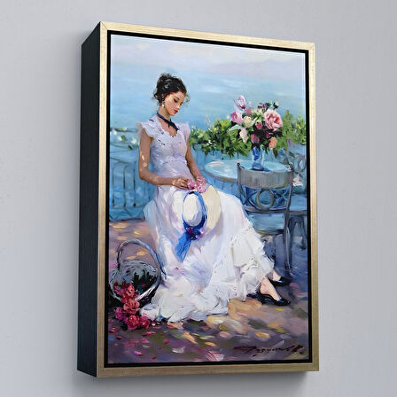 Beyaz Çerçeveli Terastaki Beyaz Elbiseli Güzel Kadın Tablosu