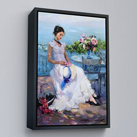 Beyaz Çerçeveli Terastaki Beyaz Elbiseli Güzel Kadın Tablosu