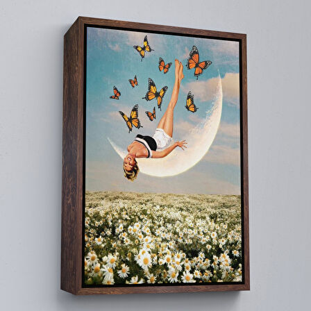 Beyaz Çerçeveli Papatya Tarkası Üzerındeki Mutlu Kadın Duvar Tablosu