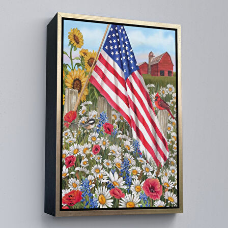 Kahverengi Çerçeveli Güzel Bahçe İçierisindeki Amerka Bayrağı Duvar Tablosu
