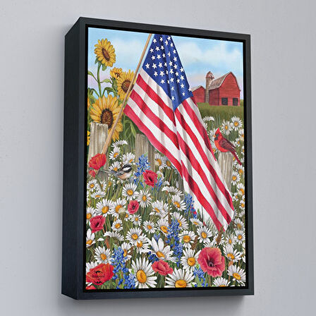 Kahverengi Çerçeveli Güzel Bahçe İçierisindeki Amerka Bayrağı Duvar Tablosu