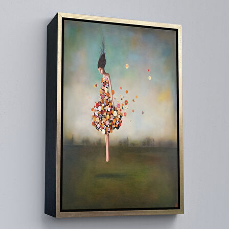 Kahverengi Çerçeveli Yerden Yükselen Çiçek Kıyafetli Kadın Tablosu