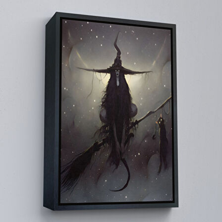 Kahverengi Çerçeveli Süpürge ile Uçan Cadı ve Kedisi, Cadılar Bayramı Hediyesi, Hellowen Tablo