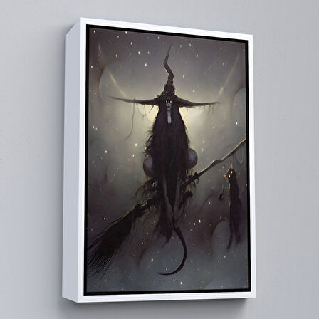 Kahverengi Çerçeveli Süpürge ile Uçan Cadı ve Kedisi, Cadılar Bayramı Hediyesi, Hellowen Tablo