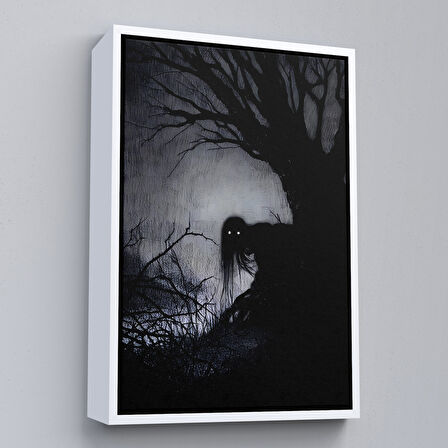 Beyaz Çerçeveli Karanlık İçindeki Korkunç Bir Çift Göz Tablosu