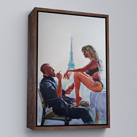 Kahverengi Çerçeveli Paris Eyfel Manzaralı Sevgililer Suluboya Görünümlü Duvar Tablosu