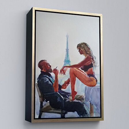 Kahverengi Çerçeveli Paris Eyfel Manzaralı Sevgililer Suluboya Görünümlü Duvar Tablosu