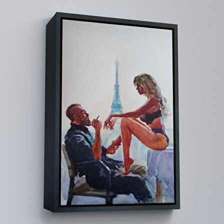 Kahverengi Çerçeveli Paris Eyfel Manzaralı Sevgililer Suluboya Görünümlü Duvar Tablosu