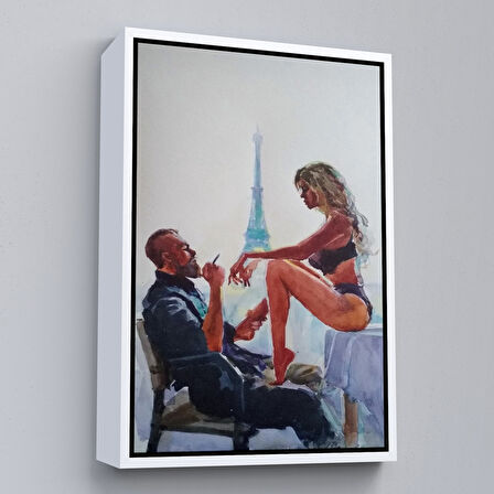 Kahverengi Çerçeveli Paris Eyfel Manzaralı Sevgililer Suluboya Görünümlü Duvar Tablosu