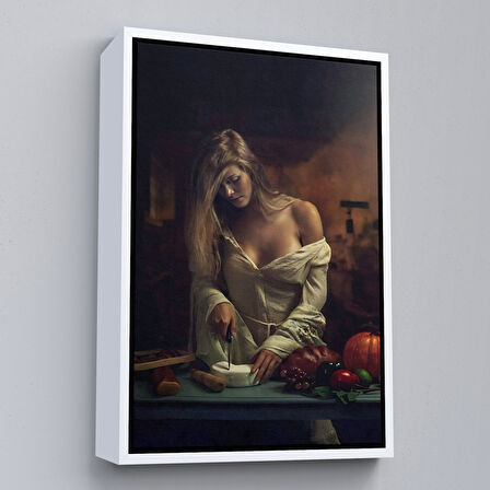 Beyaz Çerçeveli Peynir Kesen Güzel Kadın Dekoratif Duvar Tablosu