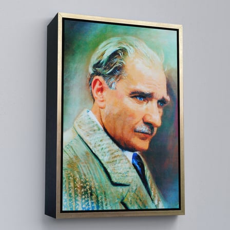 Altın Çerçeveli Atatürk Portre Tablosu Mustafa Kemal Atatürk Dikdörtgen Dekoratif Kanvas Tablo