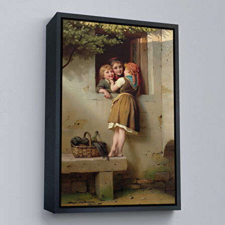 Siyah Çerçeveli Pencerede Sohbet Eden Çocuklar Tablosu, Johann Georg Meyer von Bremen