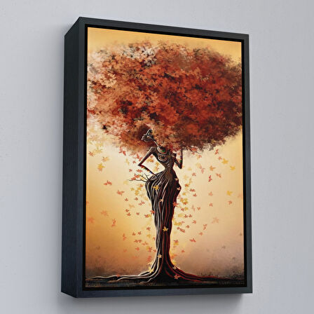 Altın Çerçeveli Yaprak Saçlı Afrikalı Ağaç Kadın Duvar Tablosu
