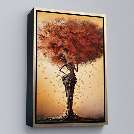 Siyah Çerçeveli Yaprak Saçlı Afrikalı Ağaç Kadın Duvar Tablosu