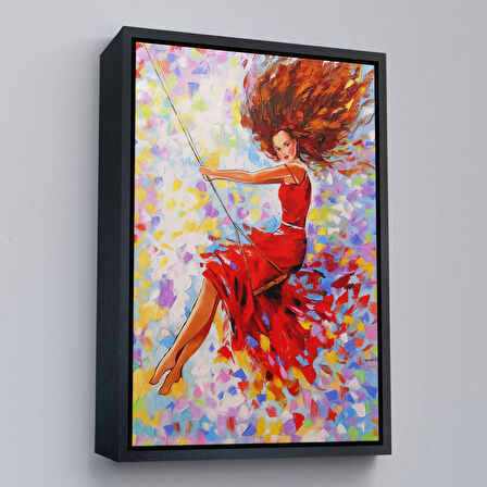 Altın Çerçeveli Salıncaktaki Kırmızı Elbiseli Kız Tablosu