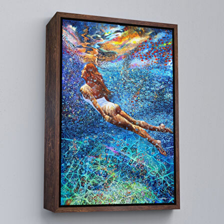 Siyah Çerçeveli Su Altında Yüzen Kız Duvar Tablosu