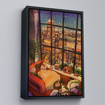 Altın Çerçeveli Cam Önünde Kar Keyfi Duvar Tablosu