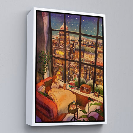 Altın Çerçeveli Cam Önünde Kar Keyfi Duvar Tablosu