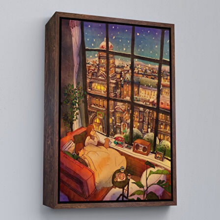 Altın Çerçeveli Cam Önünde Kar Keyfi Duvar Tablosu