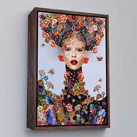 Beyaz Çerçeveli Çiçek ve Kadın Temalı Dekoratif Duvar Tablosu