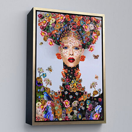 Beyaz Çerçeveli Çiçek ve Kadın Temalı Dekoratif Duvar Tablosu