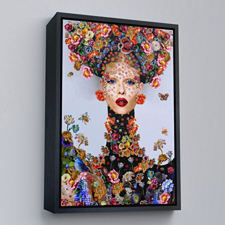 Beyaz Çerçeveli Çiçek ve Kadın Temalı Dekoratif Duvar Tablosu