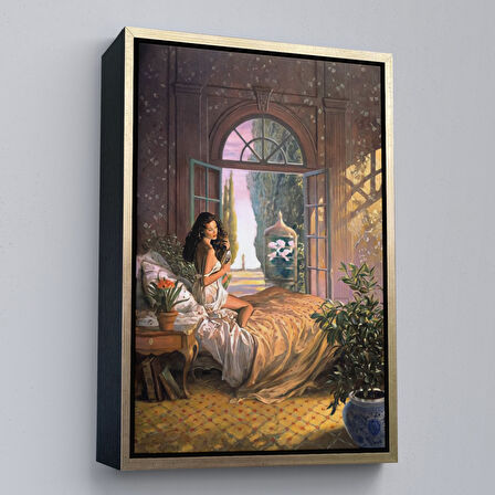 Kahverengi Çerçeveli Yataktaki Güzel Kadın Dekoratif Duvar Tablosu