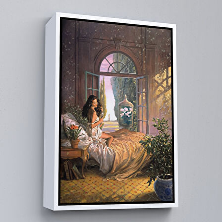 Kahverengi Çerçeveli Yataktaki Güzel Kadın Dekoratif Duvar Tablosu