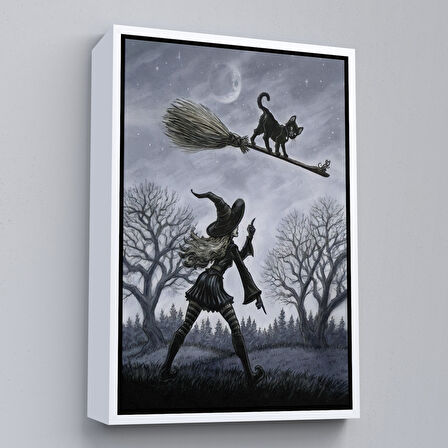 Siyah Çerçeveli Cadı Süpürgesi ile Uçan Kara Kedi Tablosu, Witches Halloween