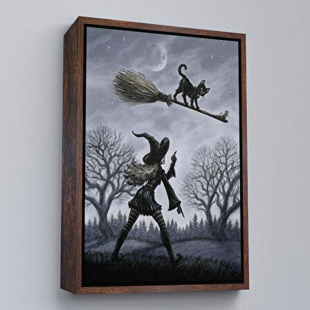 Siyah Çerçeveli Cadı Süpürgesi ile Uçan Kara Kedi Tablosu, Witches Halloween