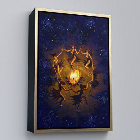 Kahverengi Çerçeveli Şabat Ayini Yapan Cadıların Ateş Etrafındaki Dans Tablosu